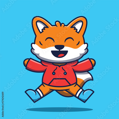 Cute fox mascot wearing jacket jumping cartoon illustration. © Supercutecandy