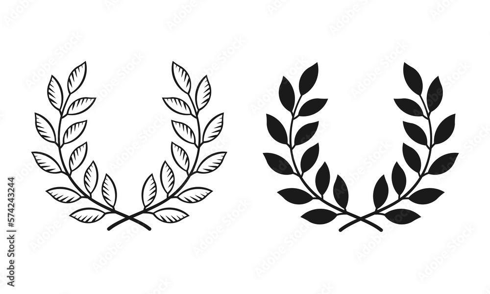 Set black silhouette circular laurel foliate, depicting an award, achievement, heraldry, nobility on white background. Emblem floral flat style - stock vector.