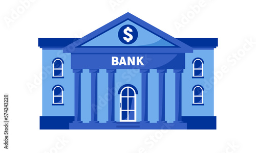 Bank building blue colored facade isolated on white background. Architecture building with columns. Vector illustration. Flat style. 