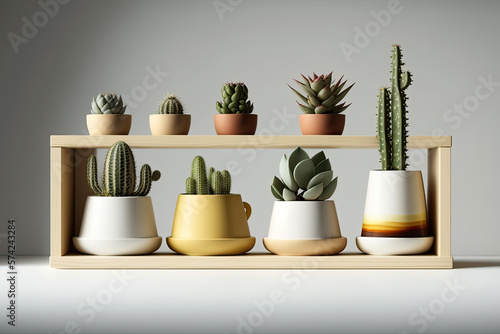Succulents and cacti in variouse ceramic pots. Eco package. Modern style. Lagom style. Light wooden shelf, simple regular composition, photorealism. Generative AI photo