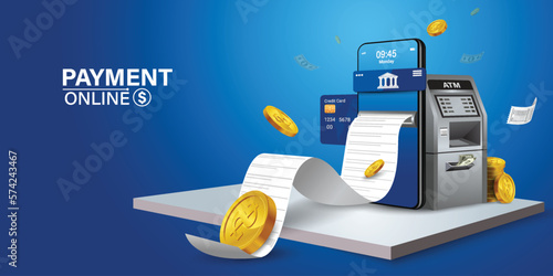The credit card is on the smartphone and there are coins around it.Mobile payment concept without ATM or bank. Cashback via mobile application or via credit card. Paying bill using mobile phone bill.