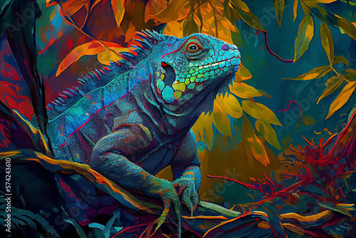 Colorful iguana in the fantasy rain forest  generative ai illustration