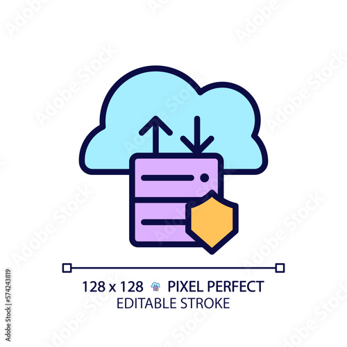 Data migration to cloud pixel perfect RGB color icon. Data transfer to online storage. Innovative technology of computing. Isolated vector illustration. Simple filled line drawing. Editable stroke