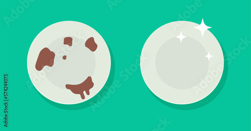 Dirty dish plate vector icon and clean wash kitchen tableware utensil top view above graphic illustration clipart image design