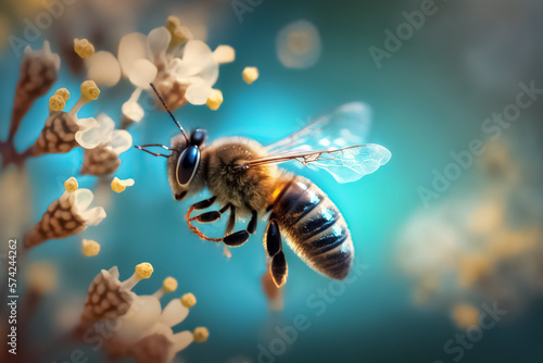 Flying honey bee collecting pollen on a flower  at and collects nectar. Spring time. Seasonal background. generative ai © BlazingDesigns