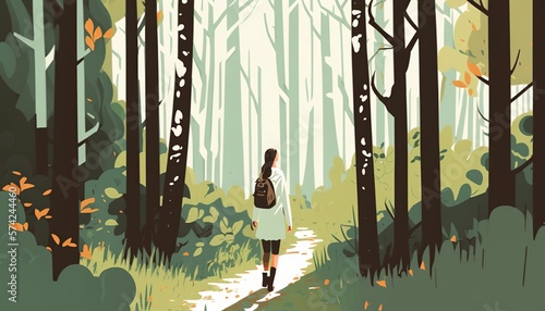 a woman with a backpack having a walk in the forest, generative ai