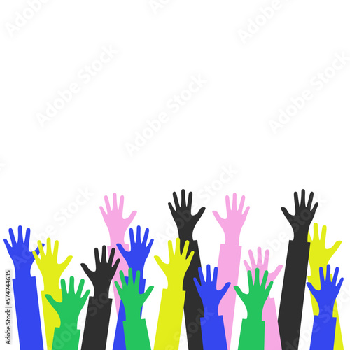 The group raised human arms and hands. Diversity multiethnic people. Racial equality. Men and women of different cultures and peoples. harmony of coexistence. Multicultural Community Integration.