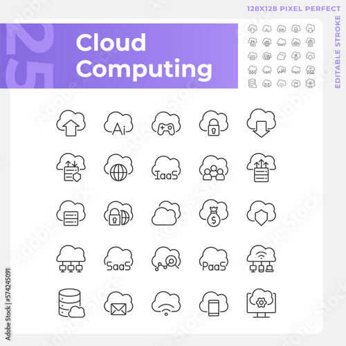 Cloud computing pixel perfect linear icons set. Online resources for data storage. Database on virtual server. Customizable thin line symbols. Isolated vector outline illustrations. Editable stroke