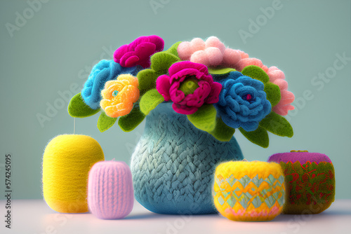 An illustration of crocheted flowers. AI generated art.