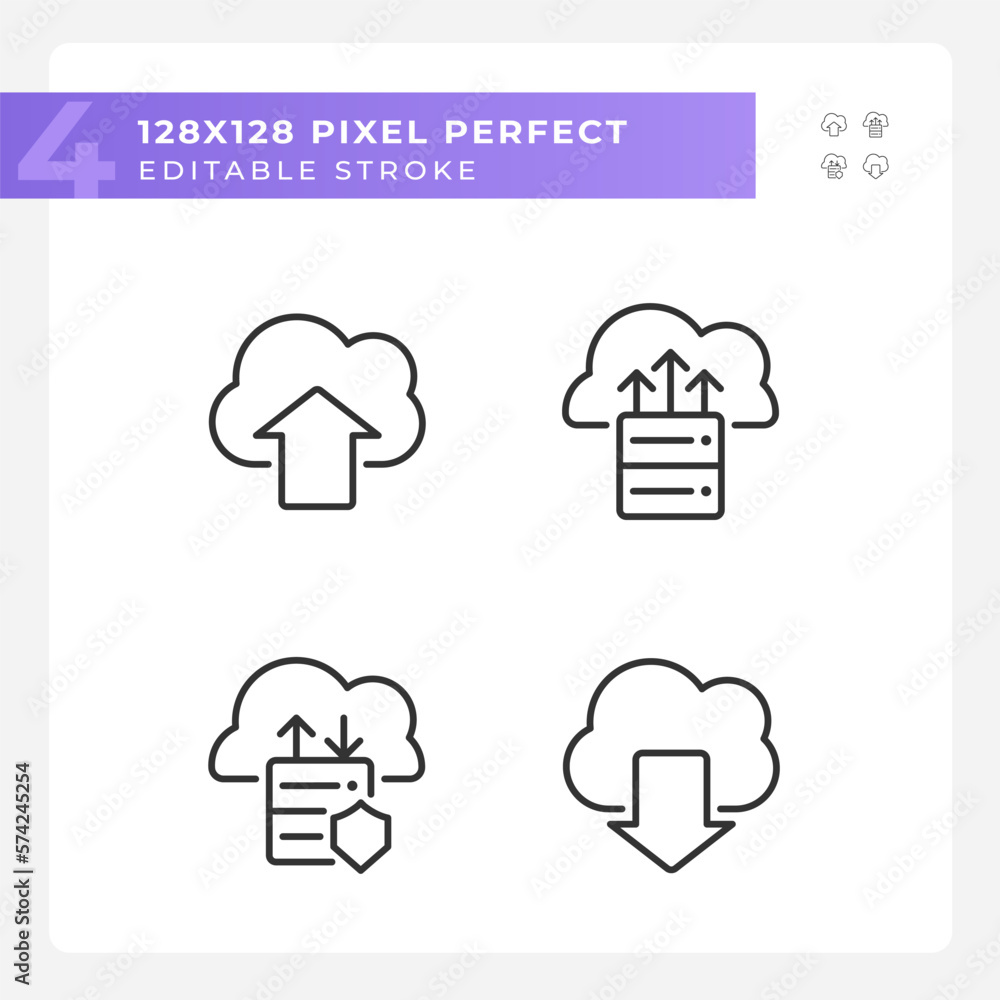 Data exchange via cloud resources pixel perfect linear icons set. Upload and download files on virtual storage. Customizable thin line symbols. Isolated vector outline illustrations. Editable stroke Data exchange via cloud resources pixel perfect linear icons set. Upload and download files on virtual storage. Customizable thin line symbols. Isolated vector outline illustrations. Editable stroke