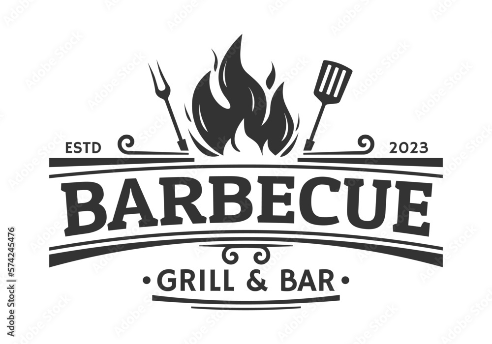 Barbecue logo. BBQ, grill icon, label or badge with fire flame, grill