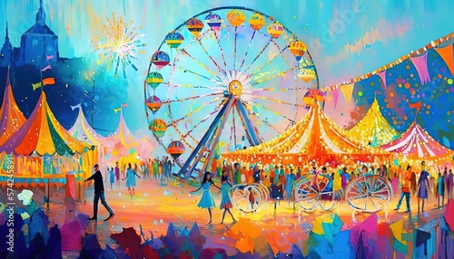 paint like illustration of circus fun fair carnival festival, idea for artistic background wallpaper, Generative Ai photo