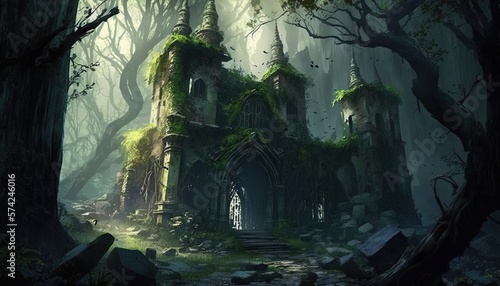 abandon lost ancient city covered with tree , Generative Ai © QuietWord