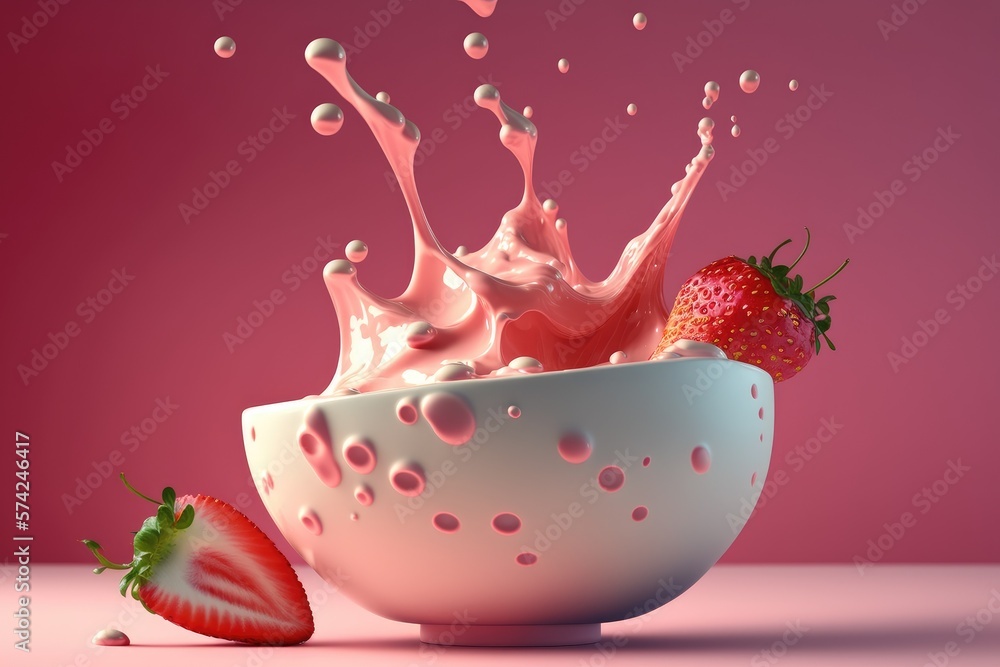Strawberry with yoghurt or milk, Generative AI Strawberry with yoghurt or milk, Generative AI
