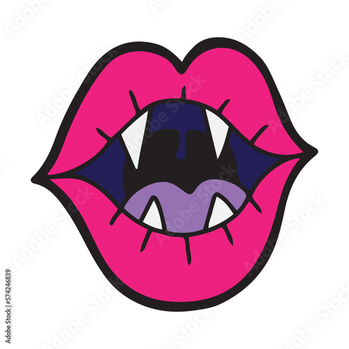 Hand drawn cartoon style mouth with lips and vampire teeth, isolated vector illustration with bold outline