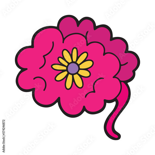 Hand drawn cartoon design brain with a flower, isolated vector illustration with bold contour, positive thinking concept