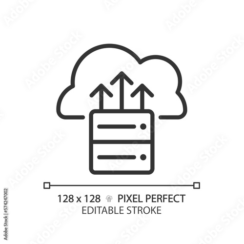 Cloud backup pixel perfect linear icon. Remote server for digital data. Save important information on internet resource. Thin line illustration. Contour symbol. Vector outline drawing. Editable stroke