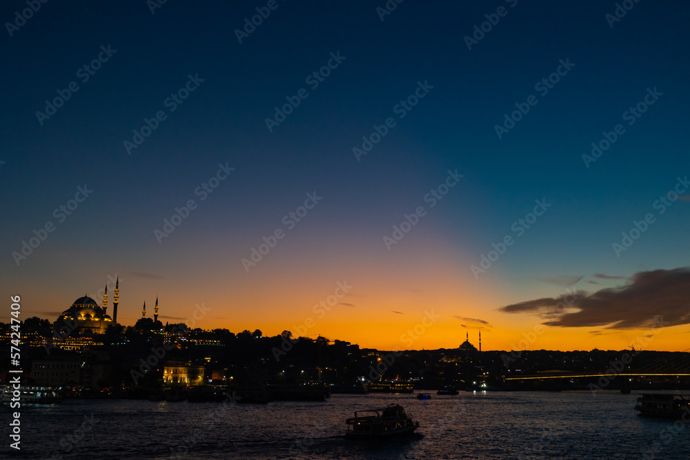 Istanbul photo. Suleymaniye Mosque and Golden Horn at sunset from Galata Bridge