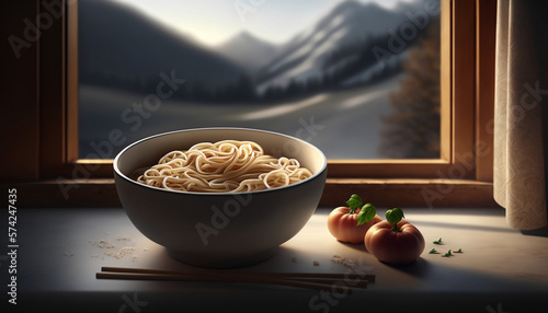 Hot Japanese noodles in minimalistic bowl served on a clean table, sunny window behind, modern style, created with Generetive AI photo