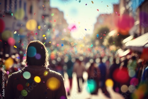 Colorful confetti background in the city festival, anniversary concept. Generative AI illustration