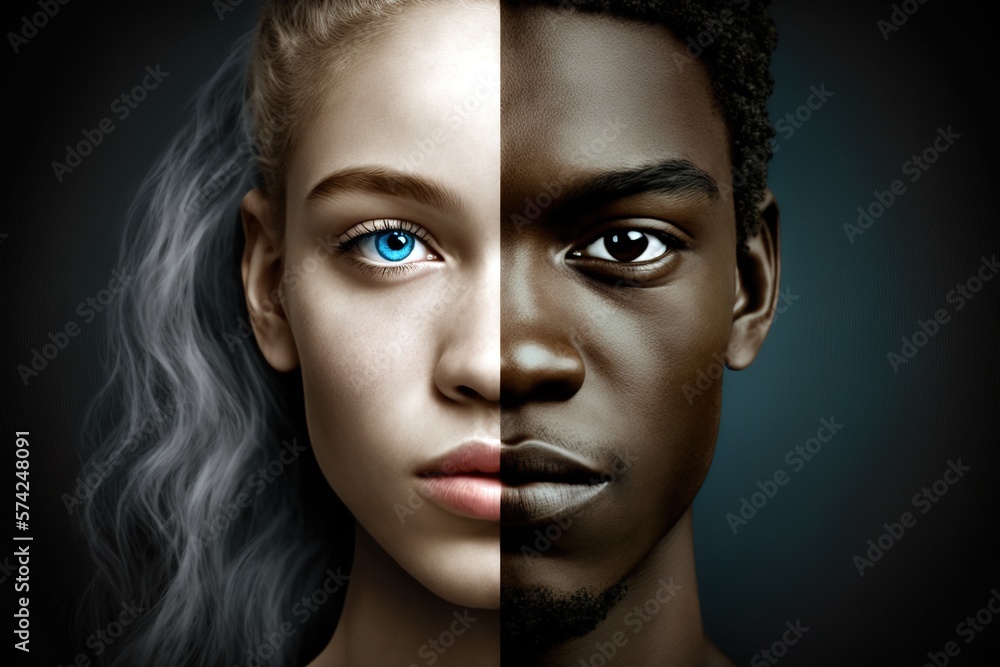 Two people faces of different skin tones. International Day of Elimination of Racial Discrimination. Generative AI illustrationc Two people faces of different skin tones. International Day of Elimination of Racial Discrimination. Generative AI illustrationc