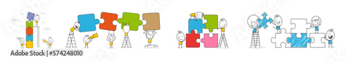 Stick figures. People connecting puzzle elements. Symbol of teamwork, cooperation, partnership. Vector.