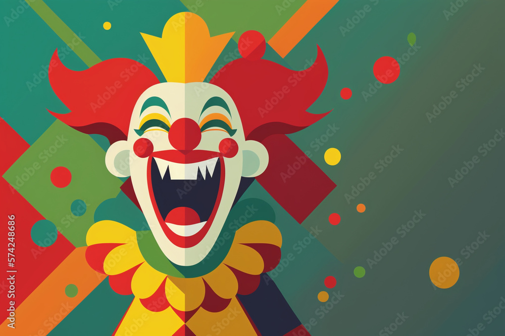 Illustration of a funny wacky colorful clown on a solid flat background. AI generated. April fool's day.