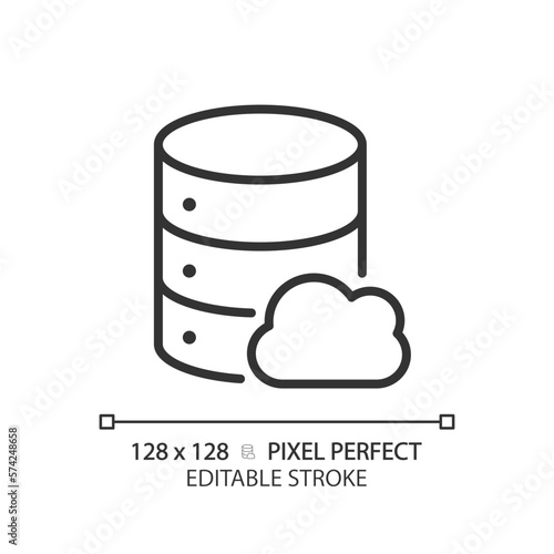 Cloud database pixel perfect linear icon. Computing technology of dataset processing. Online server facility. Thin line illustration. Contour symbol. Vector outline drawing. Editable stroke