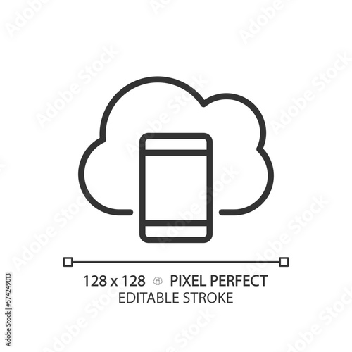 Mobile cloud computing pixel perfect linear icon. Apps delivering technology. Access to virtual server via smartphone. Thin line illustration. Contour symbol. Vector outline drawing. Editable stroke