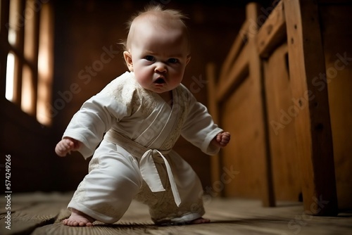 bébé en kimono blanc en position de combat dans un dojo en bois - illustration ia