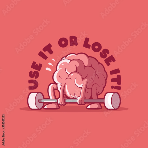 Brain character lifting weights vector illustration. Education, health, learning design concept.