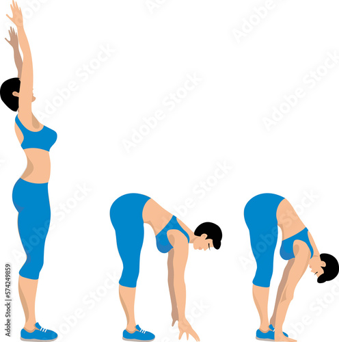 The girl does sports exercises. The girl is standing, hands up. The girl leaned over, hands down. The girl leaned over and put her hands on her toes. Cartoon.