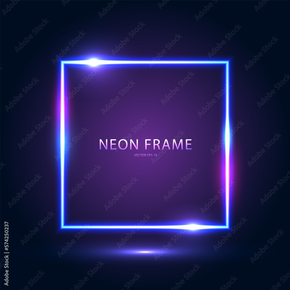 Neon square blue frame with highlights on a dark blue purple background ...