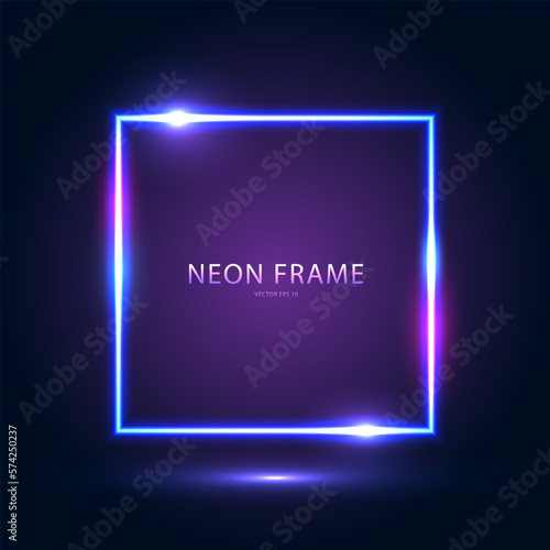 Neon square blue frame with highlights on a dark blue purple background. Abstract futuristic neon background. Vector EPS 10.