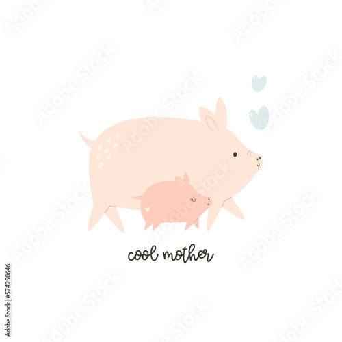 Vector illustration of cute young pig and his mom. Adorable print with animals for kids in a modern flat style.