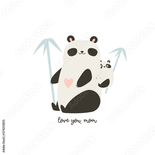 Vector illustration of cute young panda climbing his mom. Adorable print with animals for kids in a modern flat style.