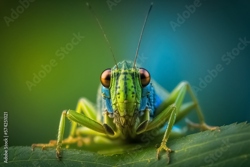 Tela Green grasshopper sitting on tree in the garden