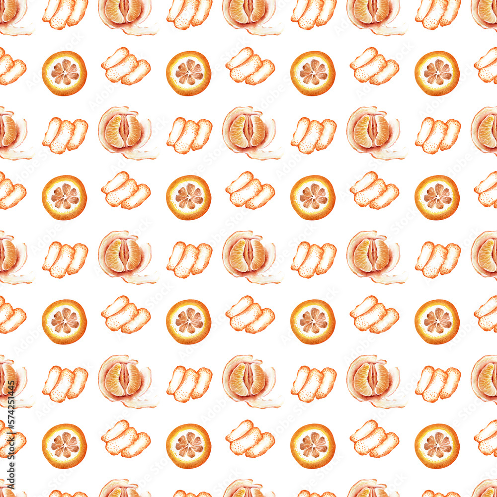 Watercolor seamless pattern of Fruits, twigs and slices of tangerine Watercolor seamless pattern of Fruits, twigs and slices of tangerine