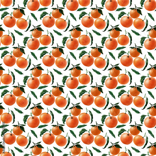 Watercolor seamless pattern of Fruits, twigs and slices of tangerine
