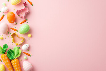Easter concept. Top view photo of colorful easter eggs bunny chicken shaped baking molds carrots and sprinkles on isolated pastel pink background with copyspace