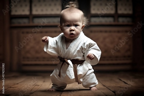bébé en kimono blanc en position de combat dans un dojo en bois - illustration ia