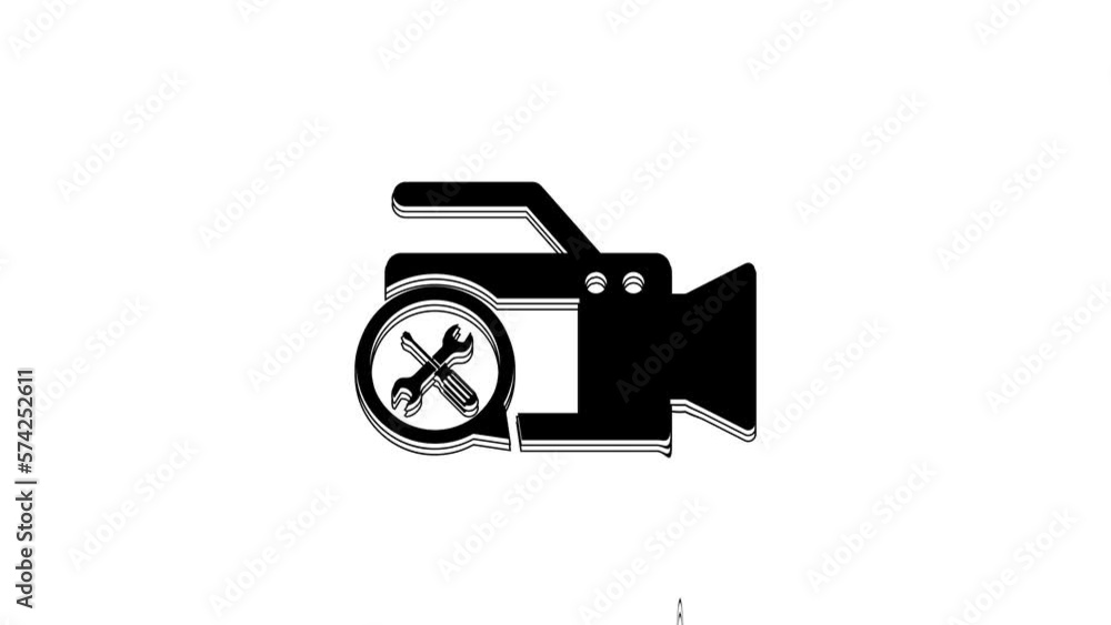 Black Video camera with screwdriver and wrench icon isolated on white background. Adjusting, service, setting, maintenance, repair, fixing. 4K Video motion graphic animation Black Video camera with screwdriver and wrench icon isolated on white background. Adjusting, service, setting, maintenance, repair, fixing. 4K Video motion graphic animation