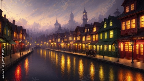 An illustration of an evening European city  with wet streets and canals. With colorful patterns.