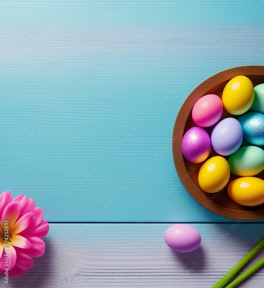 Obraz premium Easter holiday background with easter eggs and tulip flowers on a blue wooden table, Generative AI Art Illustration 01