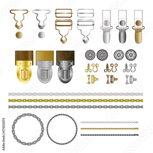 A collection of metal accessories for decorating and tailoring clothes, shoes, bags.
Metal buckle flat sketch vector illustration set. Metal materials, trims, chain, buckles, snaps, hooks and eyes. photo