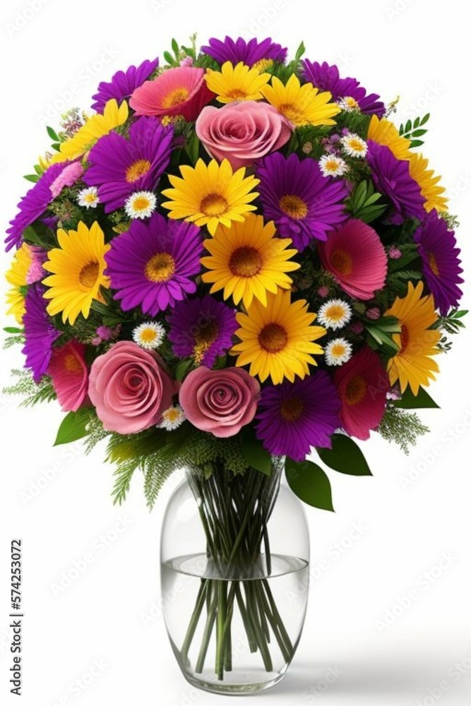 Beautiful bouquet of flowers on bright background, сhrysanthemums and roses in a vase, Generative AI Art Illustration 05