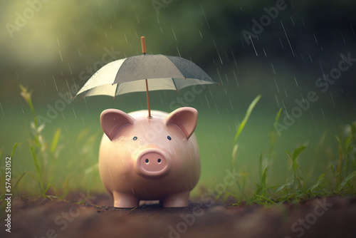 Financial insurance, piggy bank with umbrella protected from the rain on the lawn. Generative AI