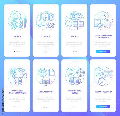 Disaster recovery blue gradient onboarding mobile app screens set. Walkthrough 4 steps graphic instructions with linear concepts. UI, UX, GUI template. Myriad Pro-Bold, Regular fonts used