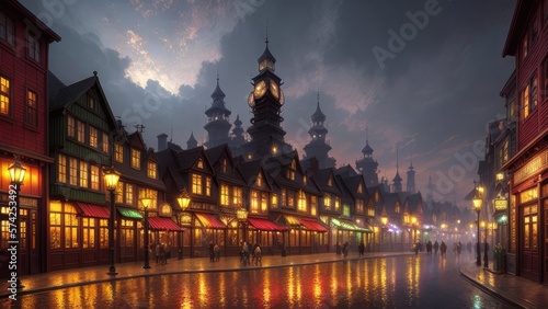 An illustration of an evening European city, with wet streets and canals. With colorful patterns.