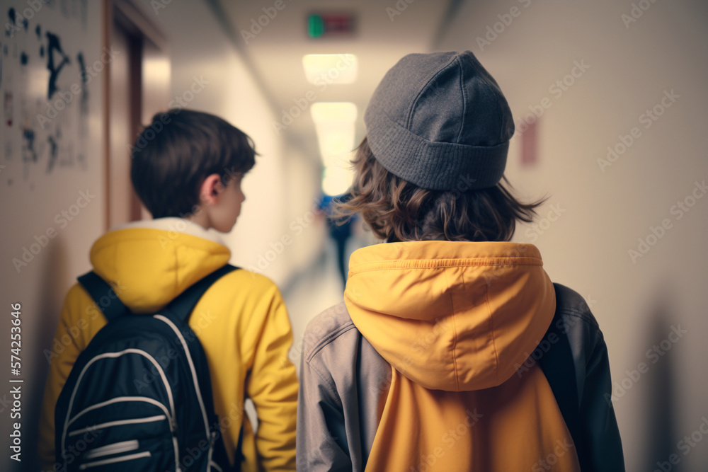Schoolchildren with backpack in school corridor. AI generated. Back view.